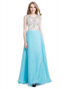 Perfect Scoop Aqua Blue Sleeveless Beading Floor Length Dress for Prom