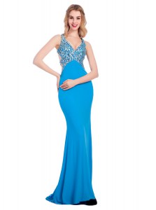Sleeveless Silk Like Satin With Train Clasp Handle Prom Gown in Baby Blue with Beading