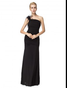 Traditional One Shoulder Black Sleeveless Chiffon Zipper Prom Dresses for Prom and Party