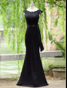 Dazzling Mermaid Scoop Black Sleeveless Floor Length Lace Zipper Prom Party Dress