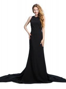 Beautiful Scoop Sleeveless Prom Gown With Brush Train Beading and Lace Black Chiffon