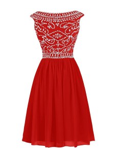 Beading Prom Evening Gown Red Zipper Cap Sleeves Knee Length