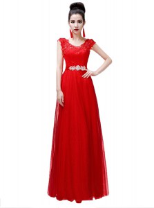 Coral Red Lace Up Scoop Beading Evening Dresses Chiffon Cap Sleeves