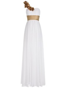 White Chiffon Zipper One Shoulder Sleeveless Floor Length Evening Dress Ruching