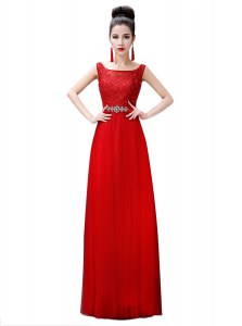 Red Zipper Prom Dress Beading and Lace Sleeveless Floor Length