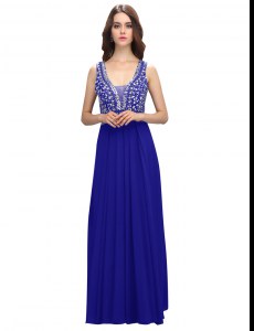 Exceptional Beading Prom Party Dress Royal Blue Zipper Sleeveless Floor Length