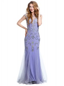 Customized Mermaid Lavender Prom Dress Prom and Party and For with Beading Scoop Cap Sleeves Side Zipper