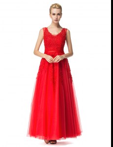 Customized Red Sleeveless Tulle Lace Up for Prom and Party