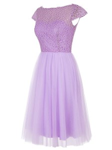 Lavender Cap Sleeves Knee Length Beading Zipper Red Carpet Prom Dress