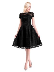 Fashion Lace Prom Gown Black Zipper Short Sleeves Knee Length