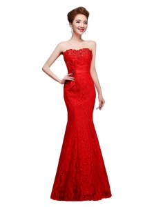 Mermaid Strapless Sleeveless Prom Gown Floor Length Lace Red Lace