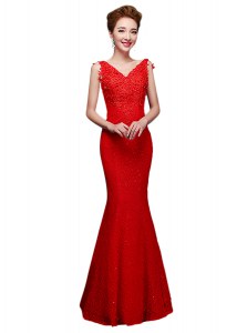 Best Selling Floor Length Red Prom Dresses V-neck Sleeveless Lace Up