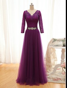 High End Tulle V-neck 3 4 Length Sleeve Lace Up Beading and Lace Prom Dress in Purple
