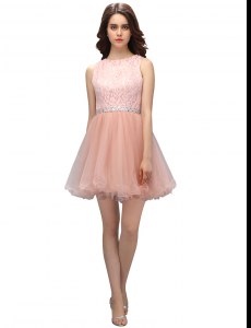 Beauteous Scoop Pink Sleeveless Mini Length Beading and Lace Zipper Celeb Inspired Gowns