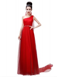 Shining Coral Red One Shoulder Side Zipper Sashes ribbons and Belt Celebrity Evening Dresses Sleeveless
