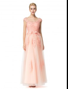 Classical Empire Prom Evening Gown Peach Scoop Tulle Cap Sleeves Floor Length Zipper