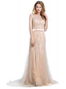 Scoop Champagne Backless Beading Sleeveless With Brush Train