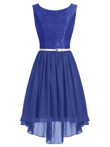 Fancy Chiffon Scoop Sleeveless Side Zipper Lace and Belt Evening Dress in Blue