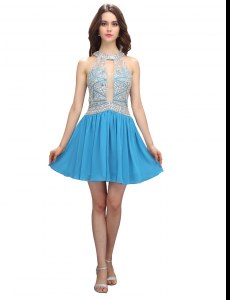 Comfortable Scoop Mini Length Zipper Cocktail Dresses Baby Blue for Prom and Party with Beading