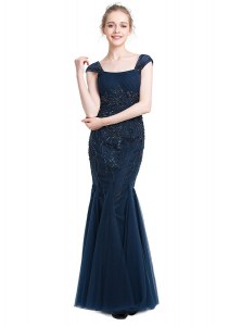 Stunning Mermaid Navy Blue Homecoming Dresses Prom and Party and For with Beading Square Cap Sleeves Zipper