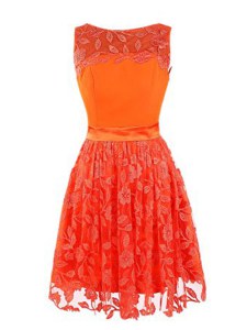 Orange Red Column/Sheath Scoop Sleeveless Lace Mini Length Zipper Lace Prom Dress