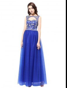 Fantastic Sleeveless Tulle Floor Length Zipper Prom Dresses in Blue with Beading