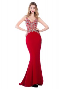 Simple Mermaid Red V-neck Backless Beading Pageant Dress for Womens Brush Train Sleeveless
