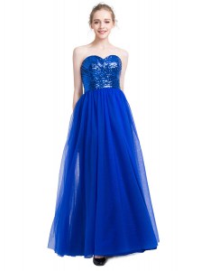 Sleeveless Tulle Floor Length Zipper Homecoming Dress in Royal Blue with Sequins