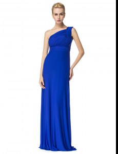 Royal Blue Chiffon Side Zipper One Shoulder Sleeveless Floor Length Prom Gown Ruching
