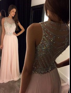 Affordable Chiffon Scoop Sleeveless Brush Train Side Zipper Beading Womens Evening Dresses in Pink