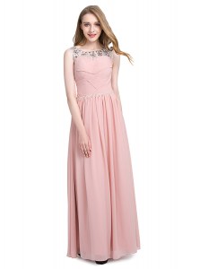 Scoop Floor Length Zipper Pink for Prom and Party with Beading