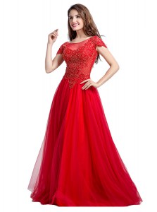 Suitable Coral Red Empire Tulle Square Cap Sleeves Beading Floor Length Side Zipper Evening Dress