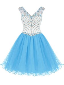 Attractive Baby Blue Organza Zipper Celebrity Prom Dress Sleeveless Mini Length Beading