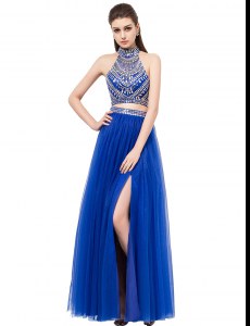Royal Blue Tulle Criss Cross Square Sleeveless Floor Length Evening Dress Beading