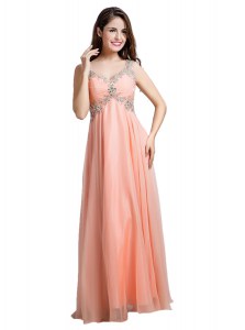 Dazzling Floor Length Backless Prom Party Dress Peach for Prom and Party with Beading