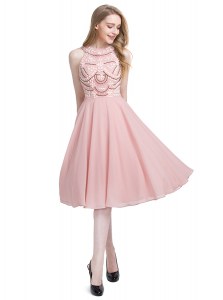 Inexpensive Pink Column/Sheath Scoop Sleeveless Chiffon Knee Length Zipper Beading Cocktail Dresses