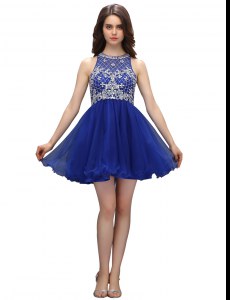 Delicate High-neck Sleeveless Zipper Celeb Inspired Gowns Royal Blue Organza