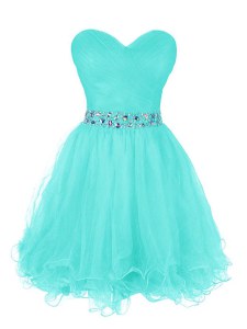 Turquoise A-line Sweetheart Sleeveless Organza Mini Length Zipper Beading and Ruffled Layers Prom Dresses