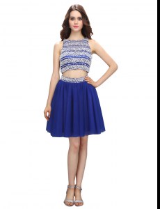 Empire Red Carpet Gowns Royal Blue Scoop Chiffon Sleeveless Knee Length Backless