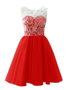 Scoop Mini Length Red Prom Party Dress Chiffon Sleeveless Lace