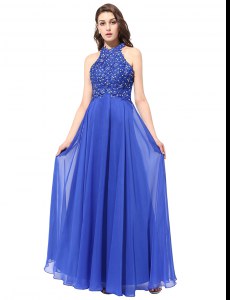 Dramatic Blue Chiffon Backless Halter Top Sleeveless Floor Length Homecoming Dress Beading and Lace