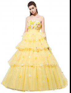 Eye-catching Organza Sleeveless With Train Formal Dresses and Ruffled Layers and Hand Made Flower