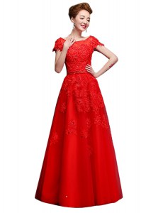 Artistic Red Bateau Neckline Lace Dress for Prom Short Sleeves Lace Up