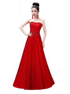 Red Empire Chiffon Strapless Sleeveless Beading Floor Length Lace Up Prom Dresses
