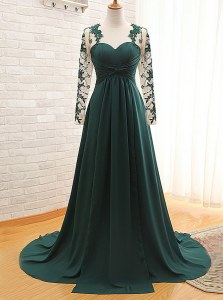 Dazzling Teal Empire Satin Sweetheart Long Sleeves Lace With Train Zipper Prom Dresses