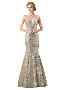 Suitable Mermaid Champagne Sequined Zipper Prom Gown Sleeveless Floor Length Sequins
