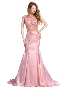 Mermaid Scoop Baby Pink Backless Going Out Dresses Beading Sleeveless With Brush Train