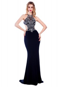 Adorable Silk Like Satin High-neck Sleeveless Sweep Train Criss Cross Beading Prom Gown in Navy Blue