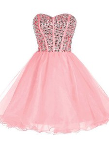 Pink A-line Sweetheart Sleeveless Organza Mini Length Zipper Beading and Ruffled Layers Cocktail Dress