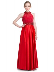 Shining Red Column/Sheath Taffeta Halter Top Sleeveless Beading Floor Length Zipper Prom Gown